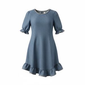 SHEIN Women’s Large Blue Denim Ruffle Hem Dress Short Sleeve Boho Mini